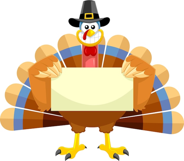 Smiling Turkey Cartoon Character With Pilgrim Hat Holding A Blank Sign. Vector Illustration