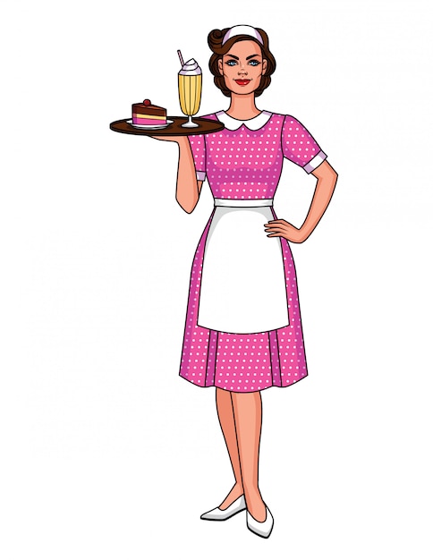 smiling woman in apron with milkshake and dessert