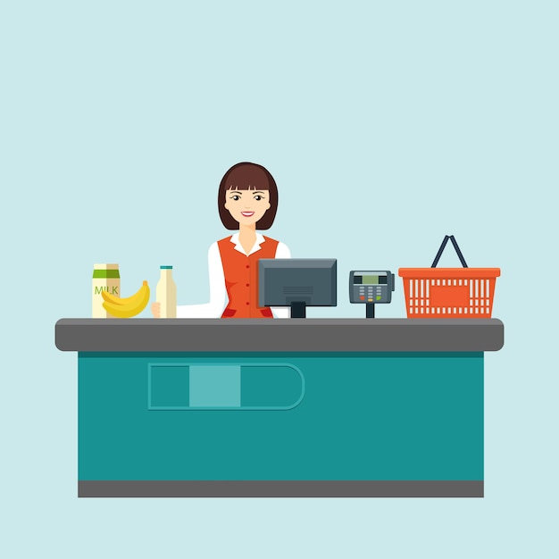 Smiling woman cashier sits behind the cash register in the supermarket Flat vector illustration