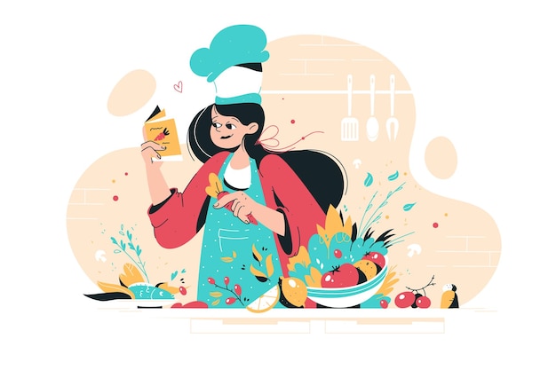 Smiling woman cooking on the kitchen table