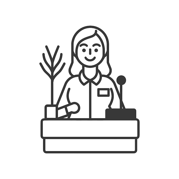 Vector smiling woman at a desk with a plant and microphone