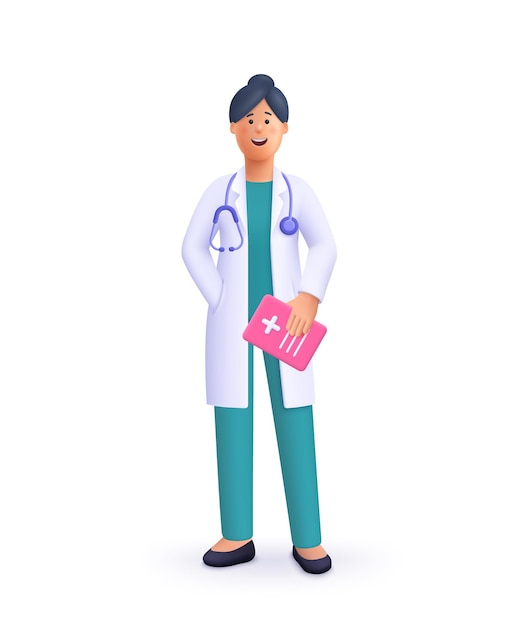 Smiling woman doctor holding clipboard wearing uniform and stethoscope Healthcare and medicine concept 3d vector people character illustration Cartoon minimal style