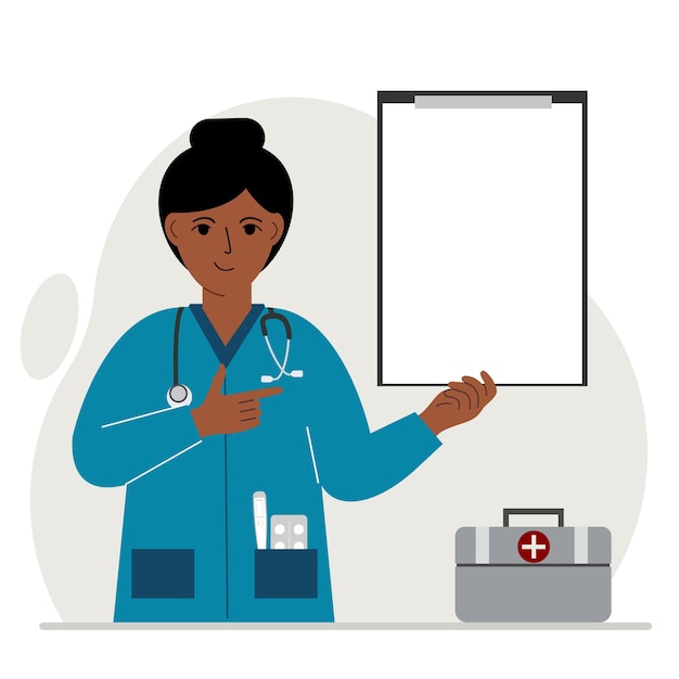 Smiling woman doctor holding a file with blank paper for text. Vector