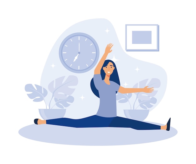 Smiling woman doing stretching exercise on mat Active flexible person enjoying sports flat vector modern illustration