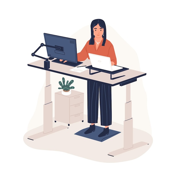 Smiling woman employee working at ergonomic workstation vector flat illustration. Contemporary office furnituring with computer and laptop isolated on white. Female standing on foot rest behind desk.