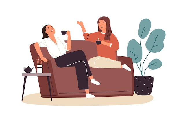 Smiling woman friends drinking tea at home vector flat illustration. Happy female laughing and gossiping sit on comfortable couch isolated. People spending time together having friendly conversation.