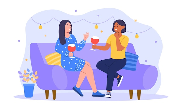 Vector smiling woman friends drinking wine laughing and gossiping people spending time together sitting on