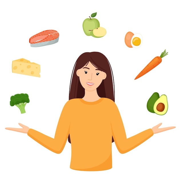 Smiling woman and healthy food Сoncept of healthy eating vector illustration