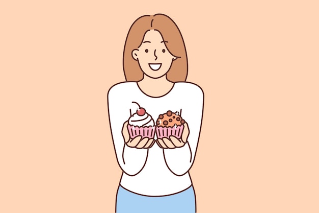 Smiling woman offer cupcakes