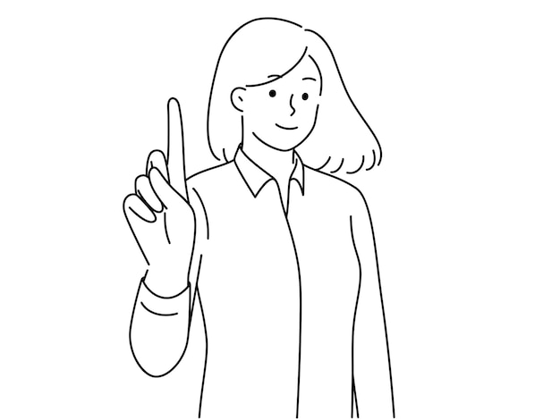 Smiling woman point finger up generate idea