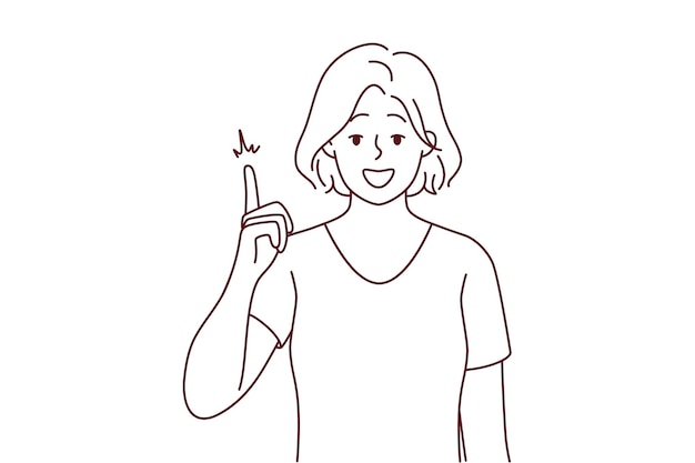 Smiling woman point up with finger