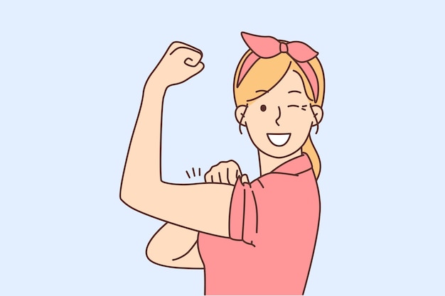 Smiling woman show muscles feeling powerful