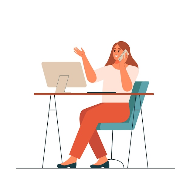 Smiling woman talking on mobile phone in office. Flat vector illustration.