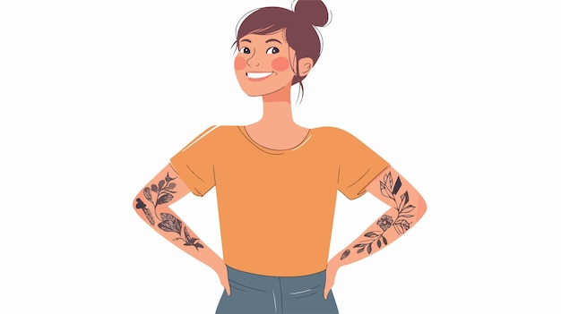 Smiling Woman Tattooed Arm Standing Hands Crossed