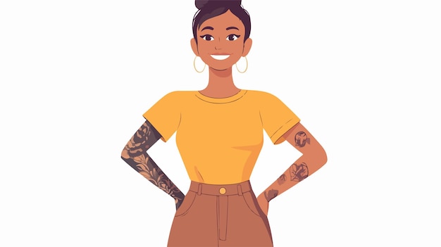 Smiling Woman Tattooed Arm Standing Hands Crossed