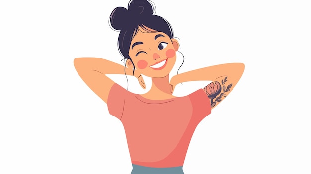 Smiling Woman Tattooed Arm Standing Hands Crossed