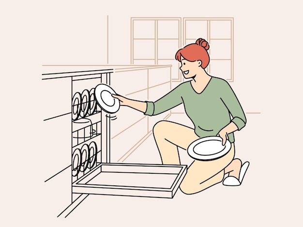 Smiling woman unloading dishwasher