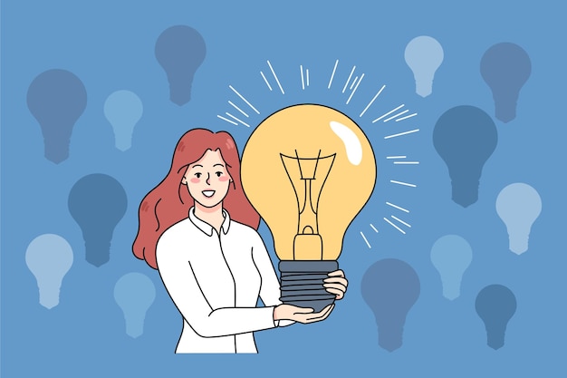 Smiling woman with lightbulb generate business ideas