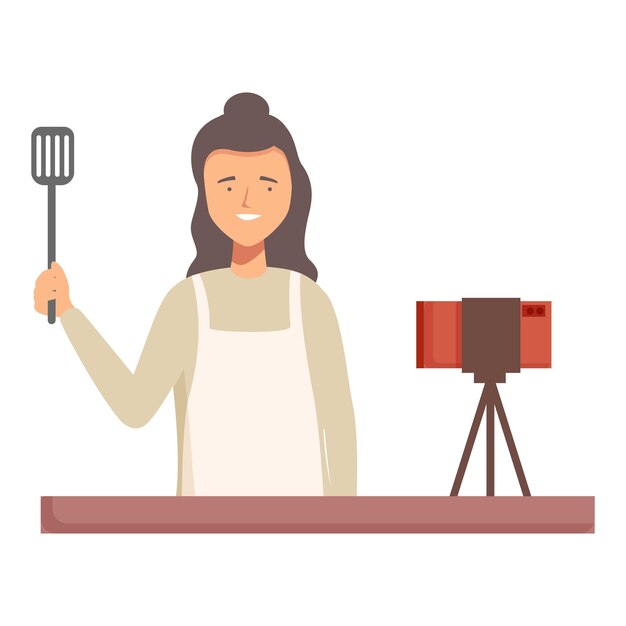 Vector smiling woman with spatula filming cooking show