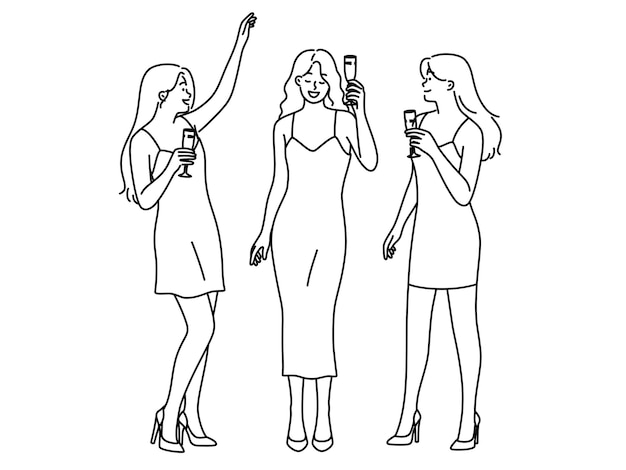 Smiling women drinking champagne on party