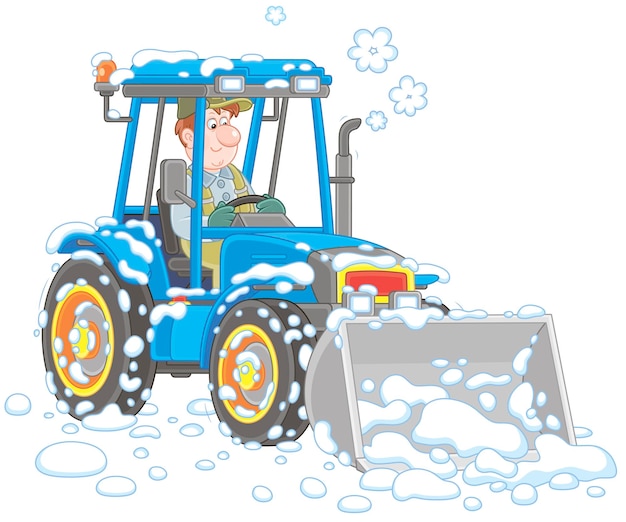 Smiling worker driving his wheeled tractor grader with a bucket and cleaning snow after snowfall