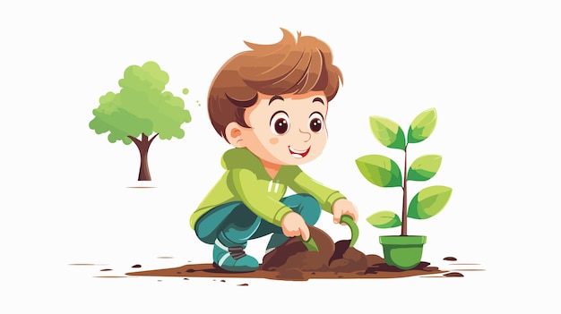 Smiling Young Boy Planting Sapling in Soil