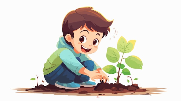 Vector smiling young boy planting sapling in soil