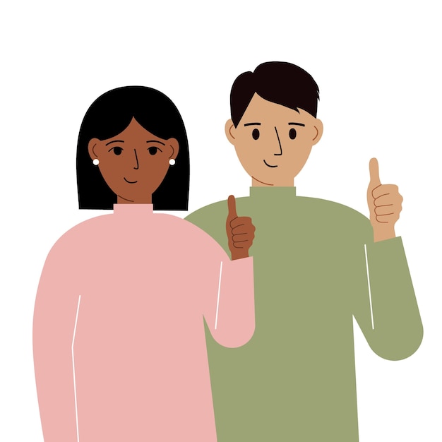 Smiling young couple good mood concept Positive emotions happy people boyfriend and girlfriend showing thumbs up fun and joy Vector flat illustration