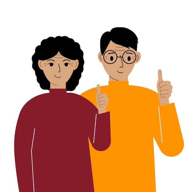 Smiling young couple good mood concept Positive emotions happy people boyfriend and girlfriend showing thumbs up fun and joy Vector flat illustration