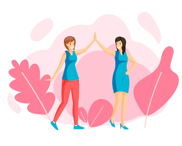 Smiling young girls giving high five, friends flat illustration. Women friendship, family walk, recreation, rest together. Female friends holding hands, happy sisters cartoon characters