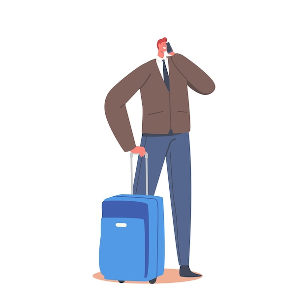 Smiling Young Male Character with Luggage Holding Smartphone in Hands Waiting Departure in Airport Terminal Area. Man Passenger on Summer Time Vacation, Air Trip. Cartoon Vector Illustration