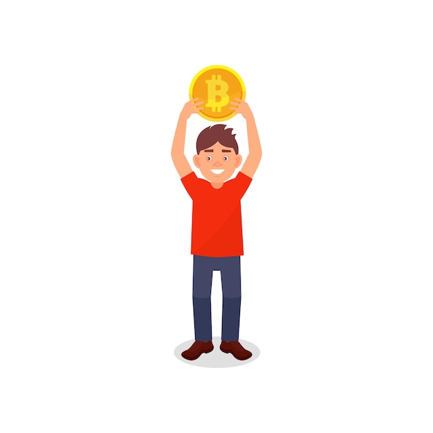 Smiling young man holding big bitcoin coin over his head cryptocurrency mining technology vector Illustration on a white background