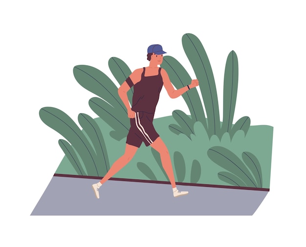 Smiling young man jogging outdoors in morning. Cute funny male athlete running along street. Daily fitness training or sports workout. Healthy activity. Flat modern cartoon vector illustration.