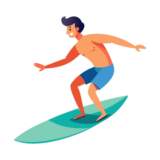 Vector smiling young man surfing on a green surfboard