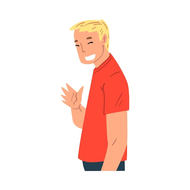 Smiling Young Man Waving His Hand Modern Communication Concept Man Chatting Online via the Internet Using Video Call or Talking Face to Face Vector Illustration