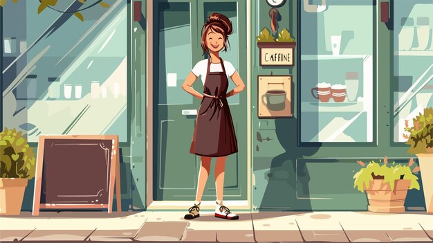 Vector smiling young woman in apron standing at the door