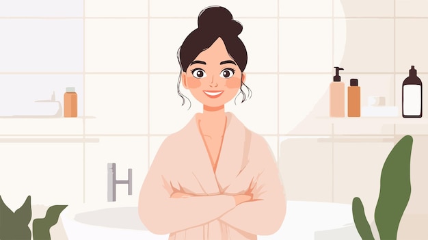 Smiling Young Woman in Bathrobe in Bathroom