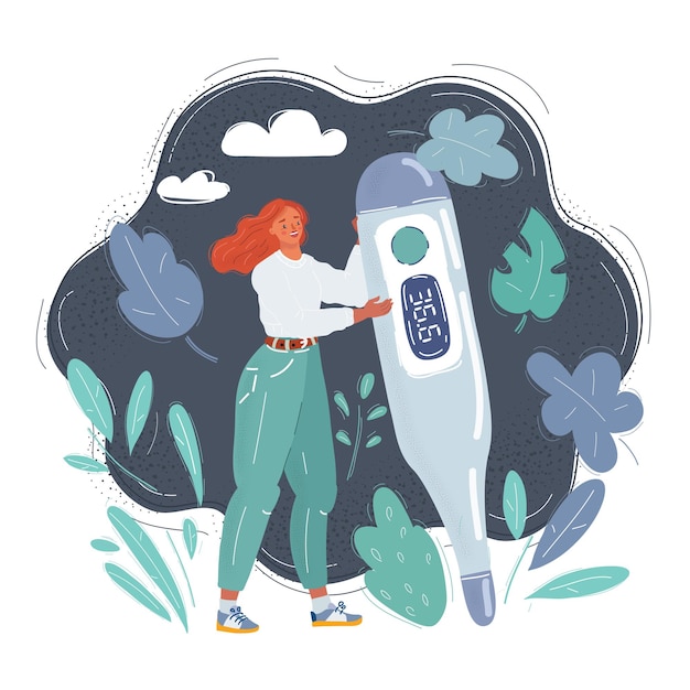 Smiling young woman character standing full body with thermometer illustrating individual concern for health and well being alongside with checkup and diagnostic guideline vector concept