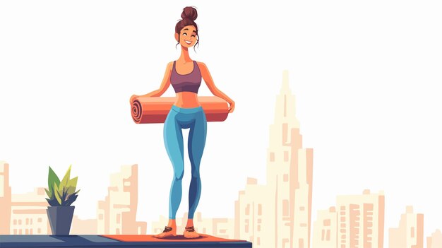 Vector smiling young woman holding yoga mat and walking