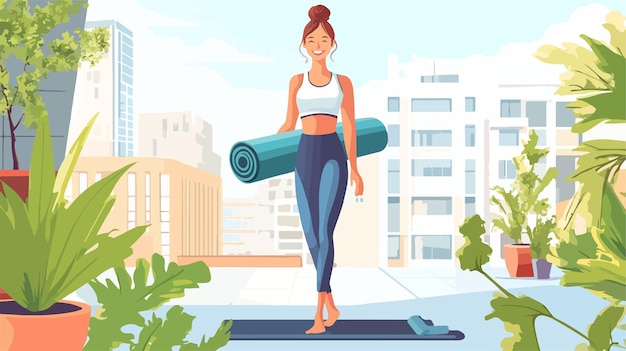 Smiling Young Woman Picking Up Exercise Mat After Workout