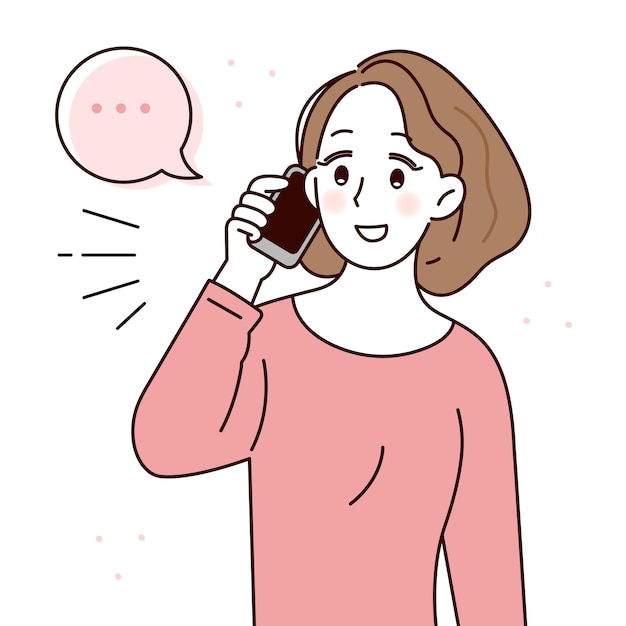 Smiling young woman talk and communicate on mobile phone