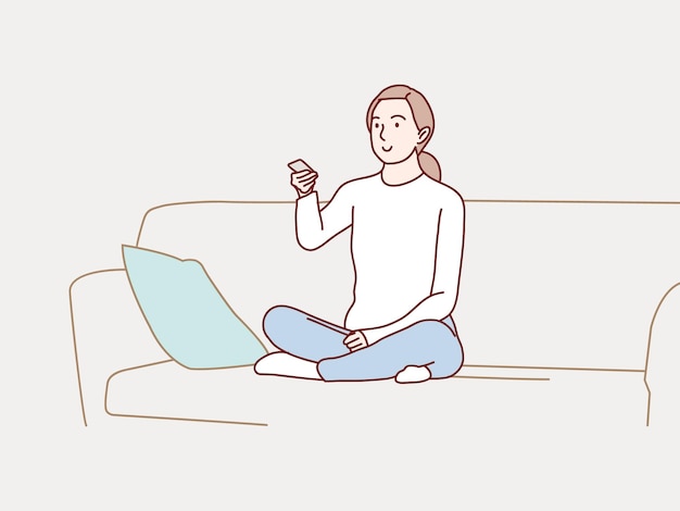 Smiling young woman watching tv holding remote control on sofa simple korean style illustration