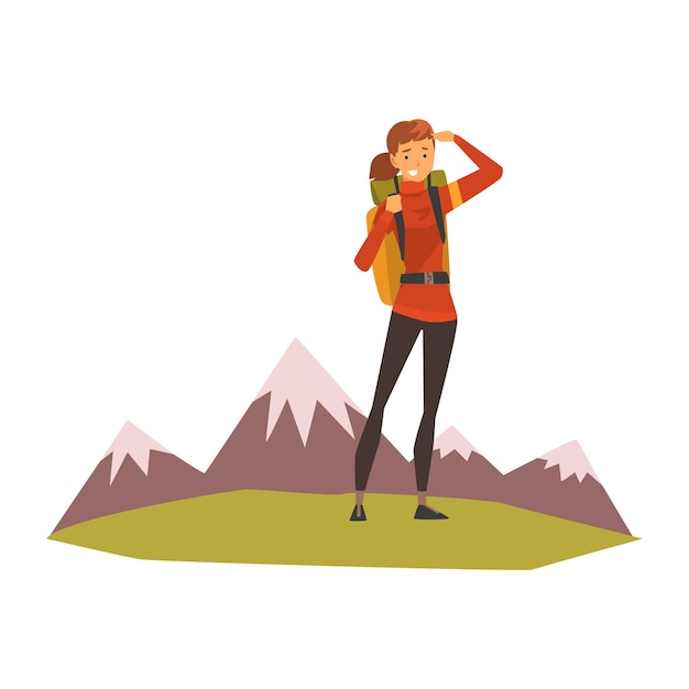 Smiling young woman with backpack summer mountain landscape outdoor adventures travel camping backpacking trip or expedition vector Illustration isolated on a white background