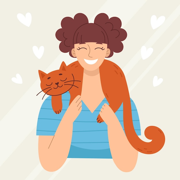 Smiling young woman with a cat, pet. Love and friendship with animals. Vet clinic. Vector illustration in cartoon style