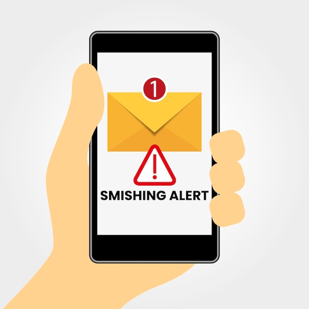 Smishing concept Hand holding a cell phone with a fraudulent SMS Electronic messaging scam alert