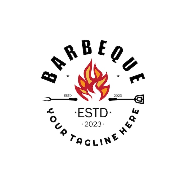 Smoke and BBQ Barbecue Vintage hot grill with crossed flames and spatula Logo for restaurant badge cafe and barvector