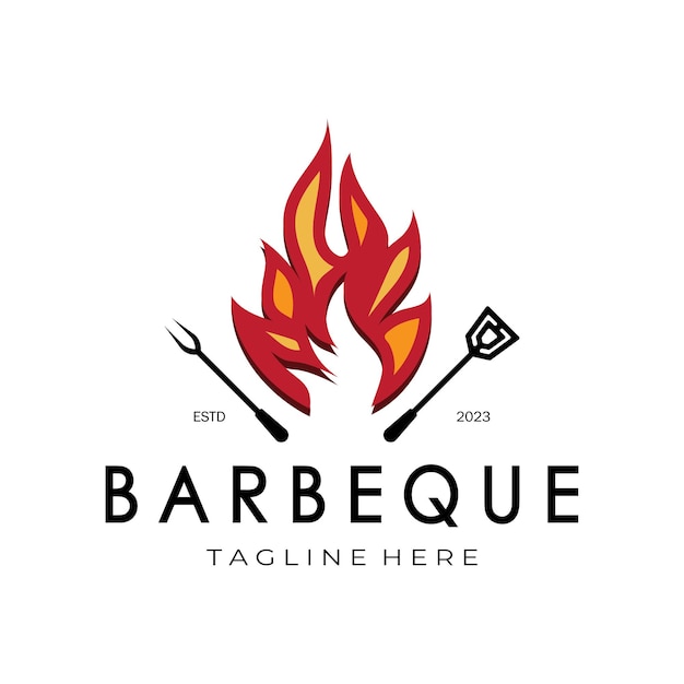 Smoke and BBQ Barbecue Vintage hot grill with crossed flames and spatula Logo for restaurant badge cafe and barvector