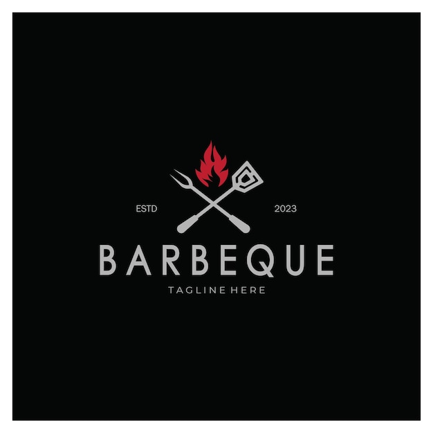 Smoke and BBQ Barbecue Vintage hot grill with crossed flames and spatula Logo for restaurant badge cafe and barvector