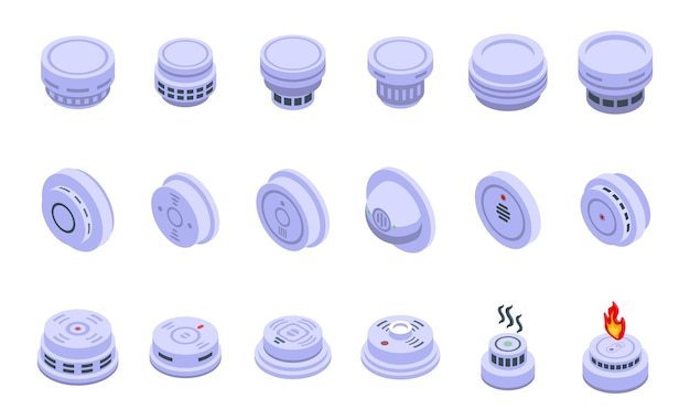 Smoke detector icons set isometric vector Alarm celling Fire accident