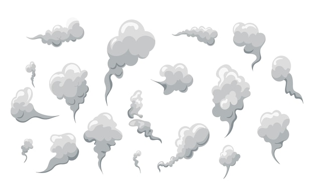 Smoke smell clouds in cartoon White fog isolated clipartPuff of wind steam smog dust Vector